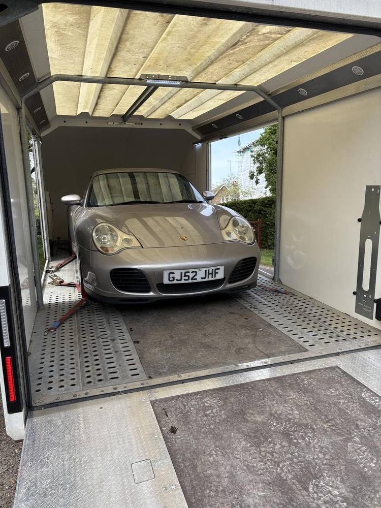 Porsche 911 inside the Timeless Transport enclosed trailer